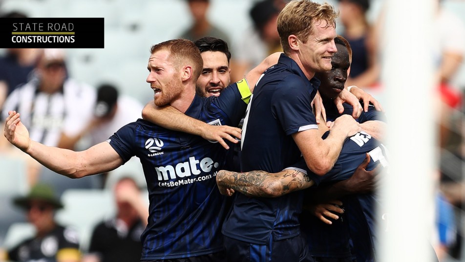 The Mariners celebrate against Macarthur earlier this year