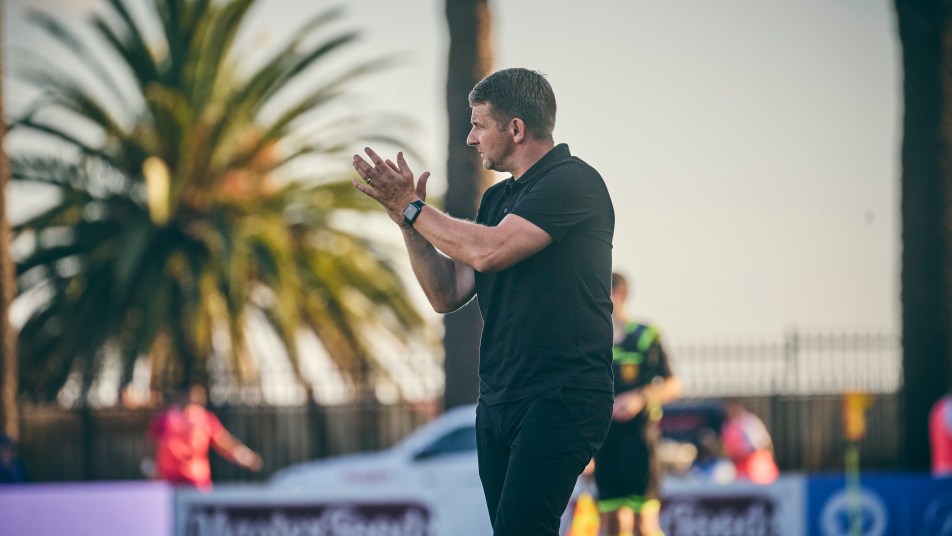 Mark Jackson encourages his side during their 2-1 win at home to Melbourne City in January.