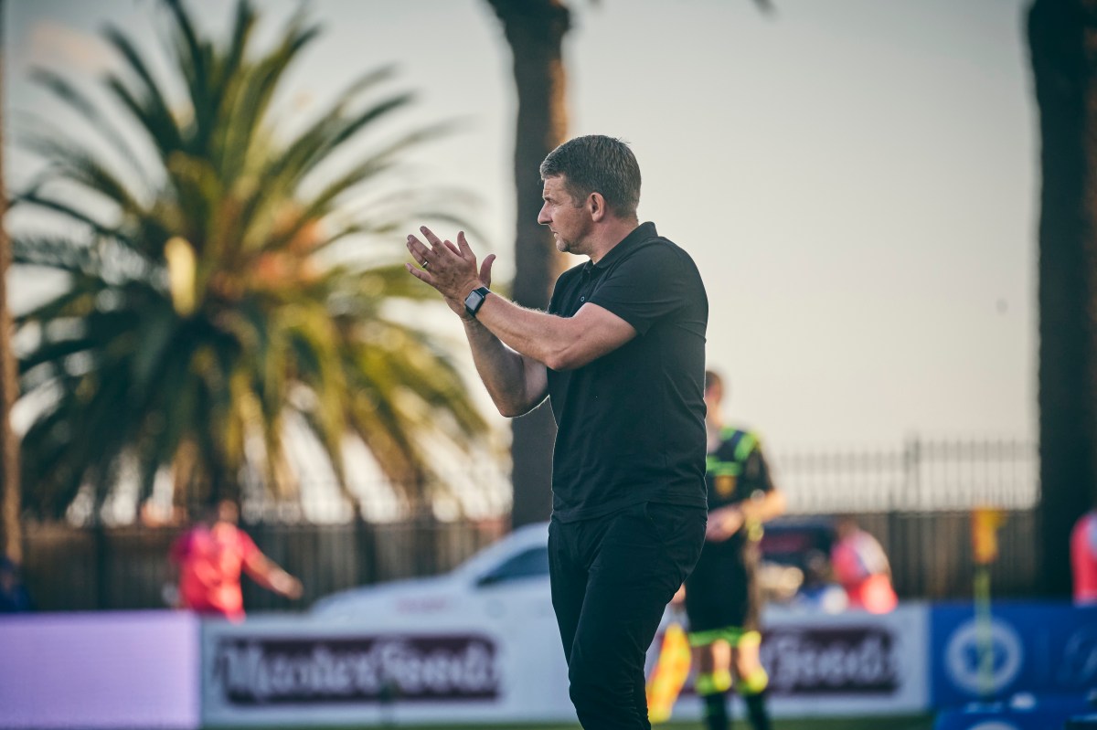 Mark Jackson encourages his side during their 2-1 win at home to Melbourne City in January.