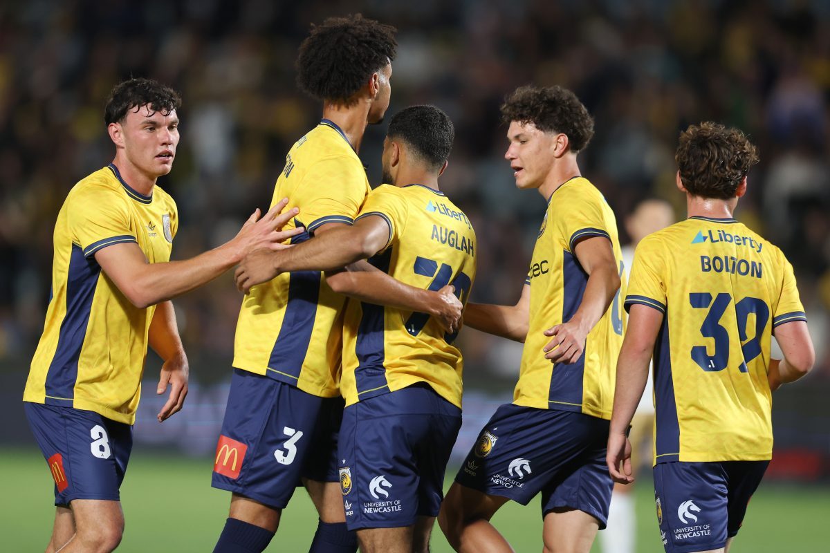 Ali Auglah of the Mariners celebrates the awarding of a penalty at Polytec Stadium.